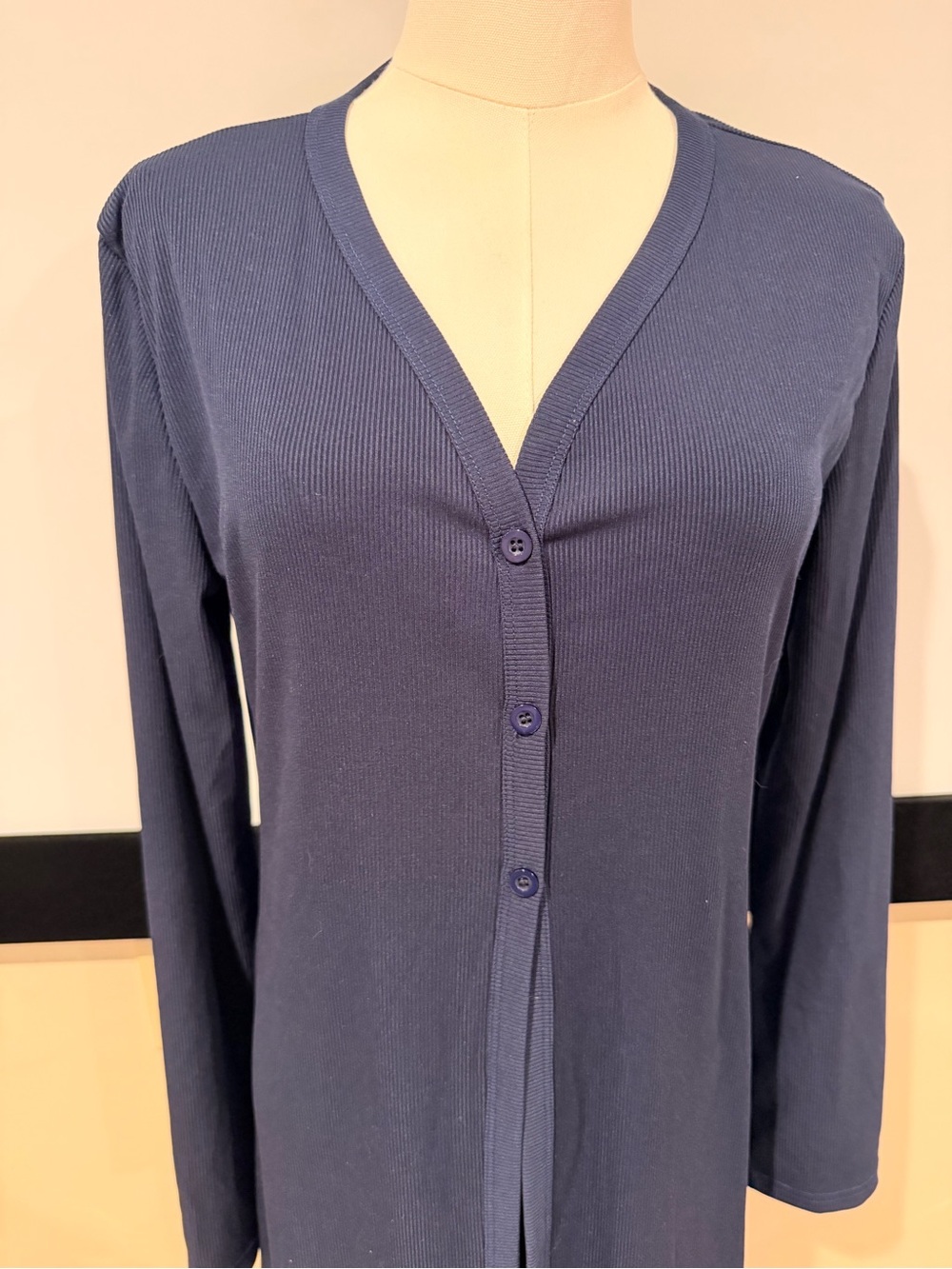 Navy Long Button-Front Robe Cardigan - Picture 3 of 6
